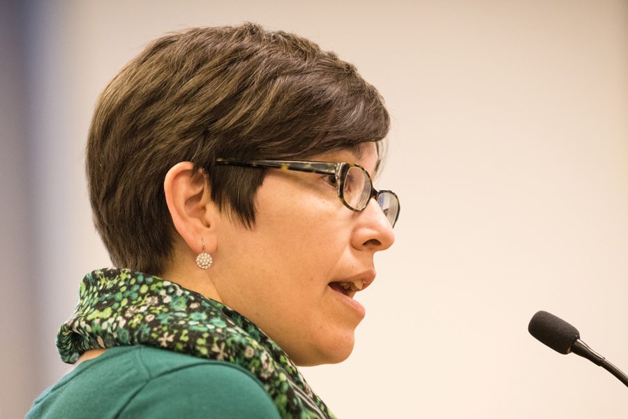 Evanston Rebuilding Warehouse executive director Aina Gutierrez speaks at a city meeting Wednesday. The Economic Development Committee approved the recommendation to supply $15,000 worth of funds to the organization’s job training program.