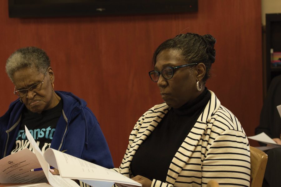 Former 5th Ward alderman Delores Holmes and equity and empowerment coordinator Patricia Efiom attend a Thursday Equity and Empowerment Commission meeting. Members discussed plans for resident input before city staff draft the fiscal year 2019 budget.