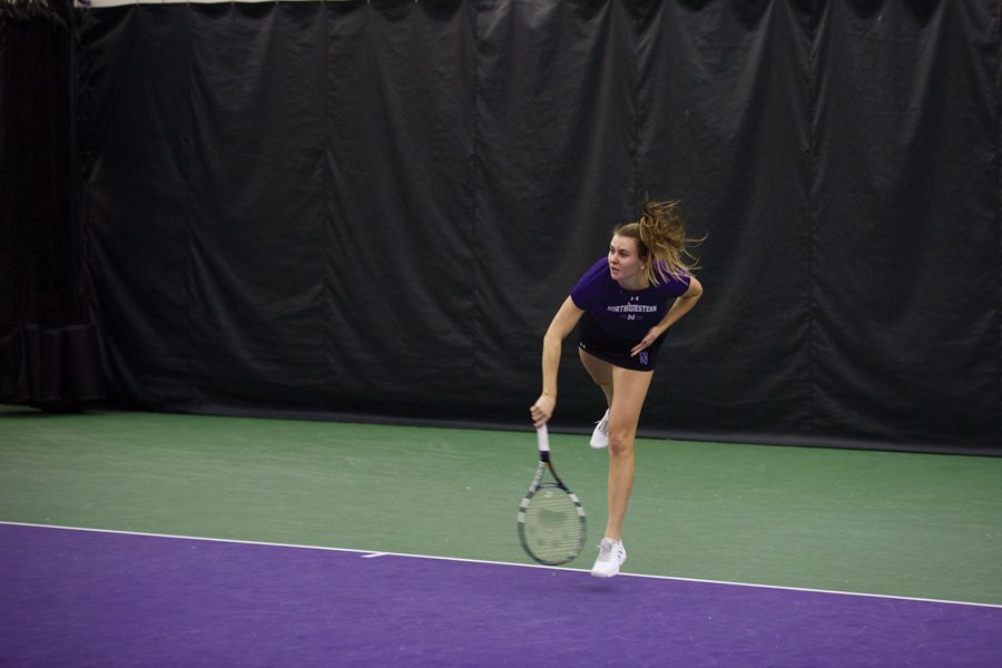 Erin Larner strikes a serve. The senior is this week’s Big Ten Women’s Tennis Athlete of the Week.