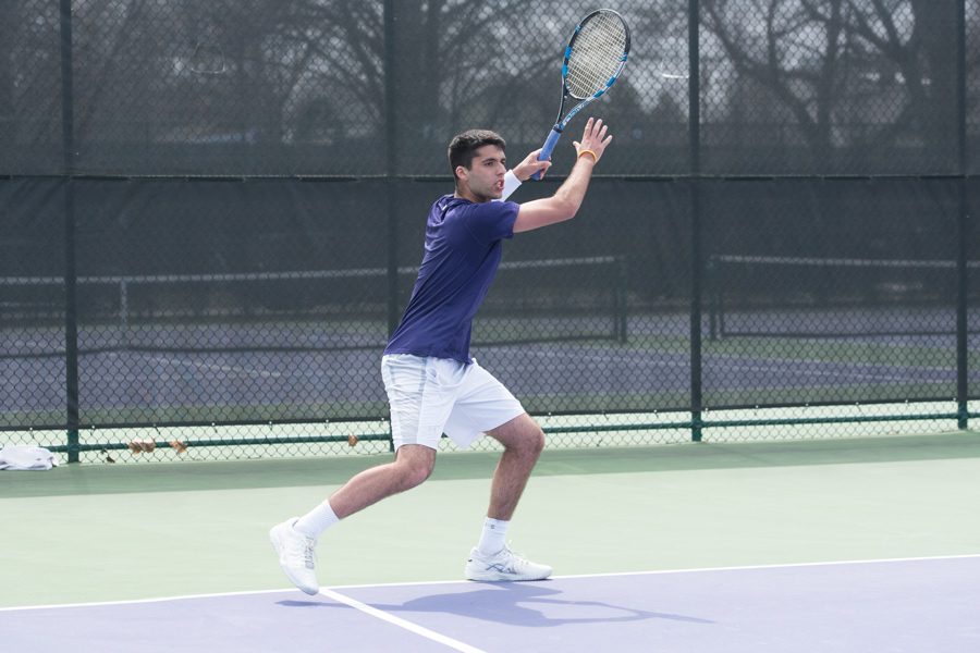 Jason Seidman hits a forehand. The junior collected one win this weekend at NU’s final home matches against Minnesota and Wisconsin.
