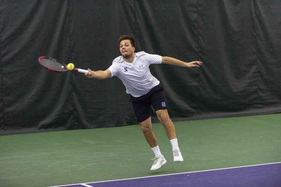 Dominik Starý hits the ball. The sophomore will be challenged by a tough Michigan lineup on Sunday.