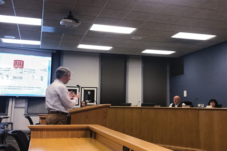 David Brown, president of Harrington Brown, LLC, speaks at a Plan Commission meeting Wednesday. The commission voted 5-1 to recommend City Council’s approval for a building at 128-132 Chicago Ave.