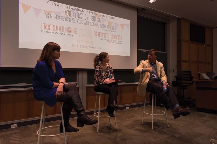 New York Times national correspondent Jonathan Martin and Run for Something co-founder Amanda Litman (Weinberg ’12) speak at a Contemporary Thought Speaker Series event. The two said they were optimistic about a blue wave in the upcoming midterm elections.