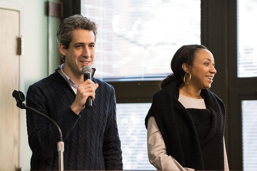  Former gubernatorial candidate state Sen. Daniel Biss (D-Evanston) and his former running mate state, Rep. Litesa Wallace (D-Rockford), speak at Evanston Township High School. They were two of many local officials who discussed the need for campaign finance reform on Saturday.
