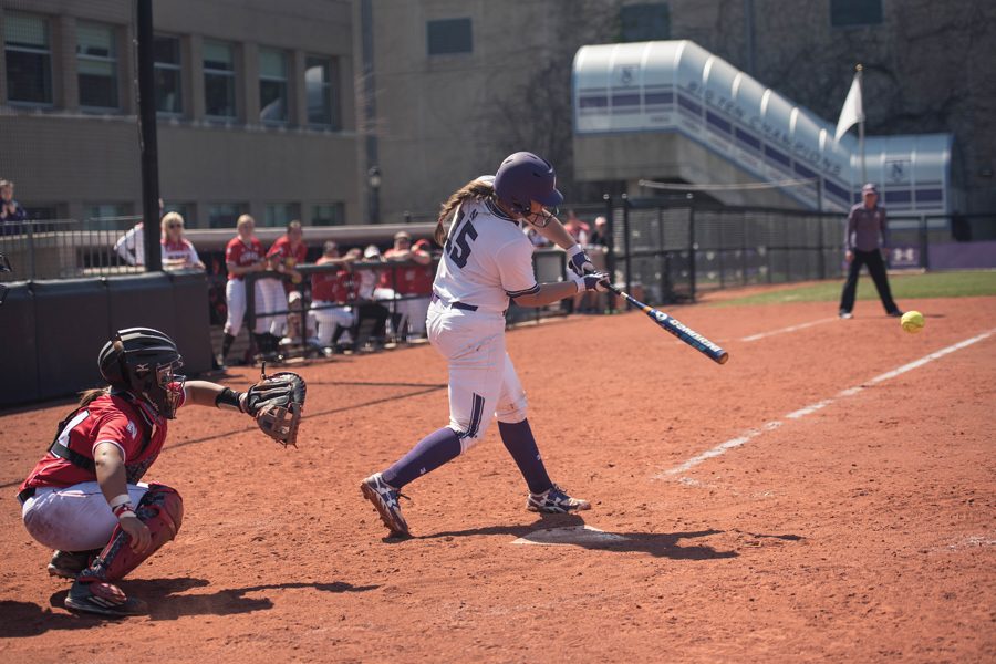 Sammy Nettling blasts a line drive. The senior catcher moved up to fourth in Northwestern’s batting order Sunday, helping ignite a 17-run win.