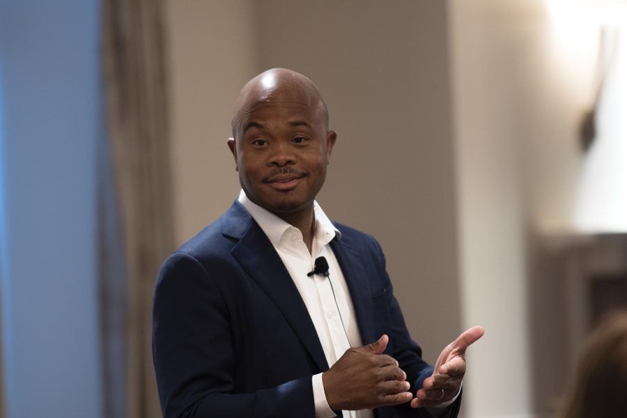  Fred Swaniker speaks at a Buffett Institute event on Wednesday. The Ghanaian entrepreneur discussed his experience building an educational foundation for Africa’s future leaders.