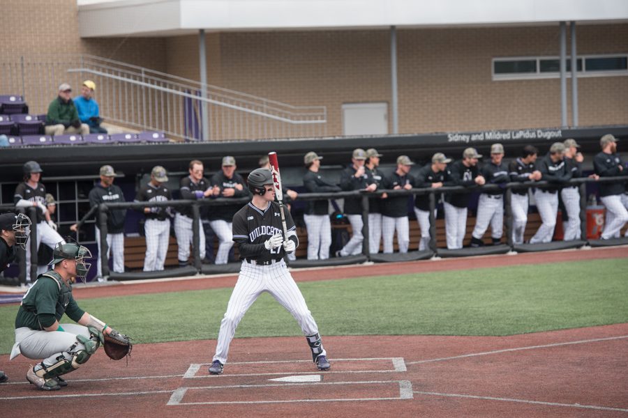 Leo Kaplan sizes up a pitcher. The sophomore outfielder had three hits in Northwestern’s two midweek games.