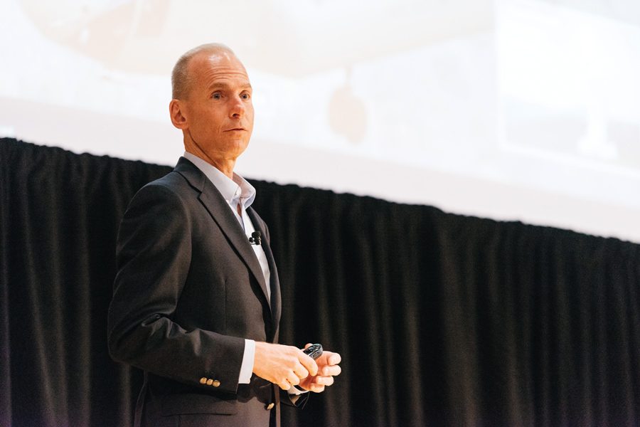 Dennis Muilenburg speaks during a Wednesday event. The Boeing CEO spoke about the future of space exploration at the 37th annual Patterson Transportation Lecture.