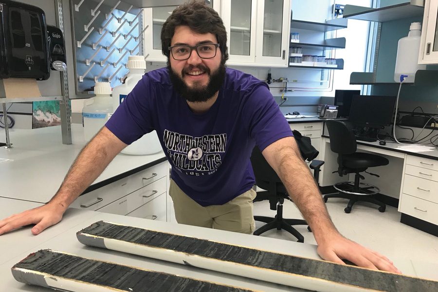 Weinberg junior Peter Puleo. In Earth and Planetary Sciences Prof. Yarrow Axford’s lab, Puleo has worked with lake sediment cores, which are tubes of mud with visible bands of different colors and minerals. 