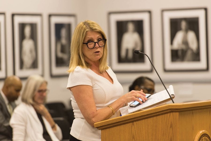 Mental Health Board chair Karin Ruetzel speaks at a Human Services Committee meeting. At Thursday’s Mental Health Board meeting, a panel of middle and elementary school social workers discussed the inequality of mental health services in Evanston.