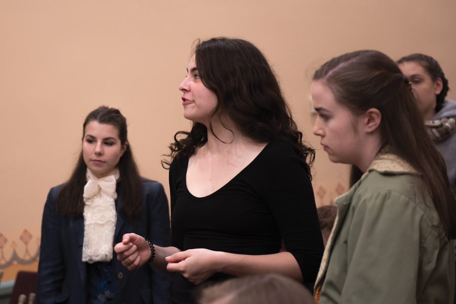 An all-female cast rehearses for an upcoming production of “1776.” The show is sponsored by One Book One Northwestern and opens Friday. 