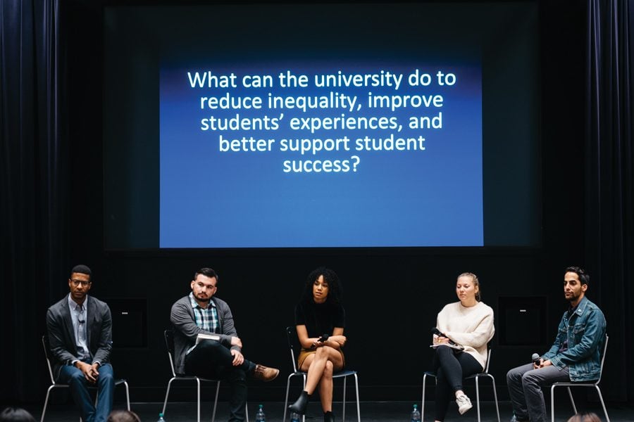 Student+panelists+speak+at+an+event+about+inequality+on+campus.+The+discussion%2C+held+by+psychology+department+faculty%2C+was+funded+by+the+Provost+Awards+for+Faculty+Excellence+in+Diversity+and+Equity.