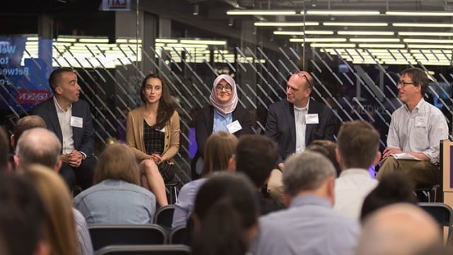Panelists speak at the third Between Coasts Forum. The forum was co-hosted by the Medill School of Journalism and Denison University at Medill’s Chicago campus on May 4 and 5.
