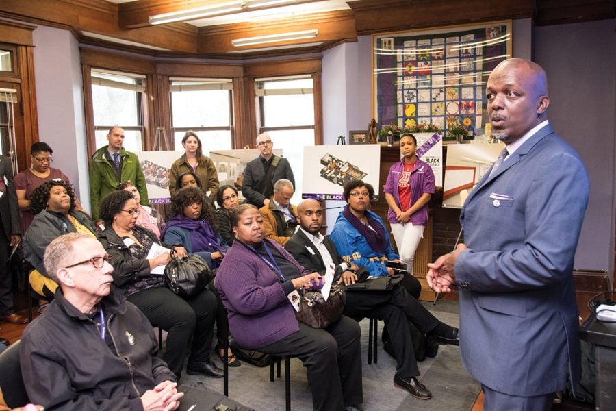 Jeffrey Sterling, president of the NU Black Alumni Association, speaks at the Black House. Students, alumni and University officials gathered Thursday for a symbolic groundbreaking ceremony on the 50th anniversary of the Bursar’s Office Takeover.