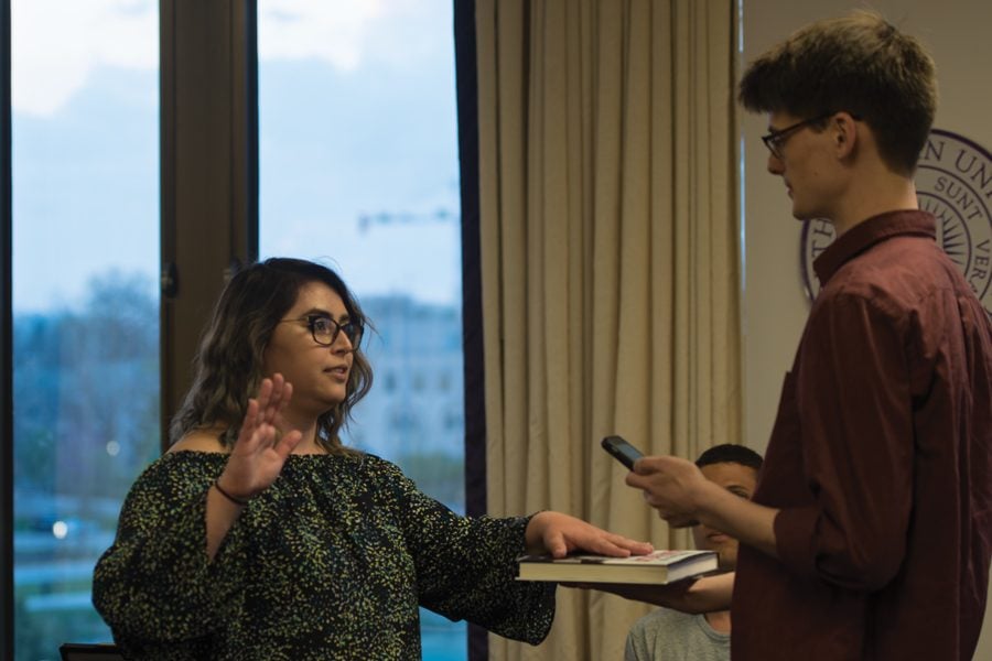 Julia Shenkman is sworn in as chief of staff at Wednesday’s Senate. The Weinberg junior introduced election commission guidelines reform during the meeting.