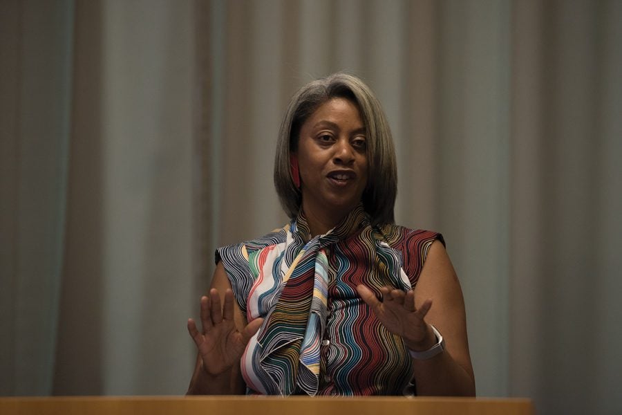 Women’s Center director Sekile Nzinga-Johnson speaks Tuesday to students and community members at the Segal Visitors Center. The event was the keynote speech of Student Enrichment Services’ Money Matters Week, hosted in collaboration with Northwestern Quest Scholars.