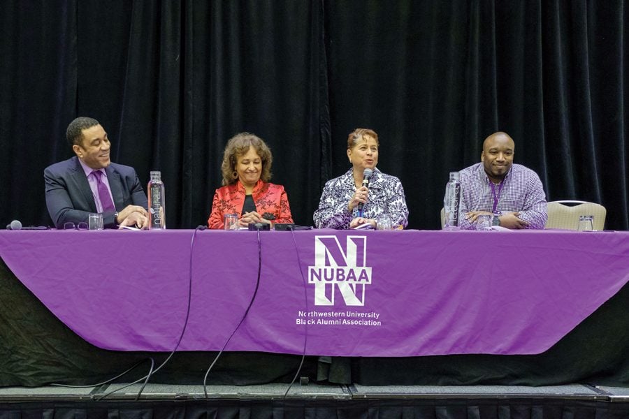 Alumni Harry Lennix, Daphne Maxwell Reid and Joanne Williams join filmmaker Eric Seals (left to right) during a panel after the premiere of a NUBAA-commissioned documentary on the Bursar’s Office Takeover. Takeover participants Maxwell Reid and Williams reflected on their time at Northwestern and its evolution since 1968. 
