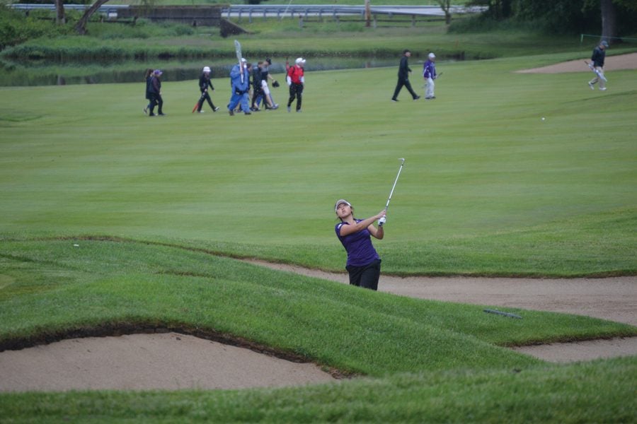 Sarah Cho hits out of a sand trap. Cho will play her final NCAA Regional this weekend in Wisconsin.
