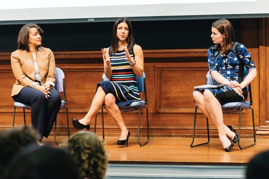 Ald. Robin Rue Simmons (left),  Amy Silverstein (center) and Taylor Kinn (right) speak on a Tuesday panel in Harris Hall. The three discussed balancing social impact work as women in a changing industry.