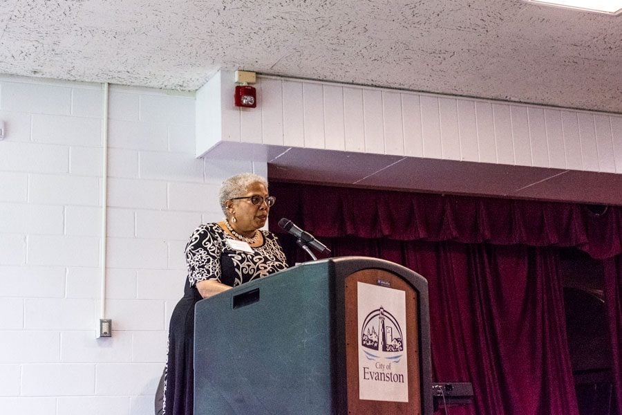 African American studies librarian Kathleen Bethel speaks at the Fleetwood Jourdain Community Center. The luncheon honored NU alumni and Evanston communities that supported black students during the Bursar’s Office Takeover in 1968. 
