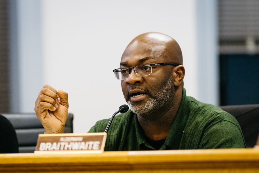 Ald. Peter Braithwaite (2nd) speaks at a City Council meeting in April. Braithwaite introduced a motion at Monday’s meeting to remove youth and young adult programs from a list of potential city services to be reduced or cut in the priority-based budgeting process.