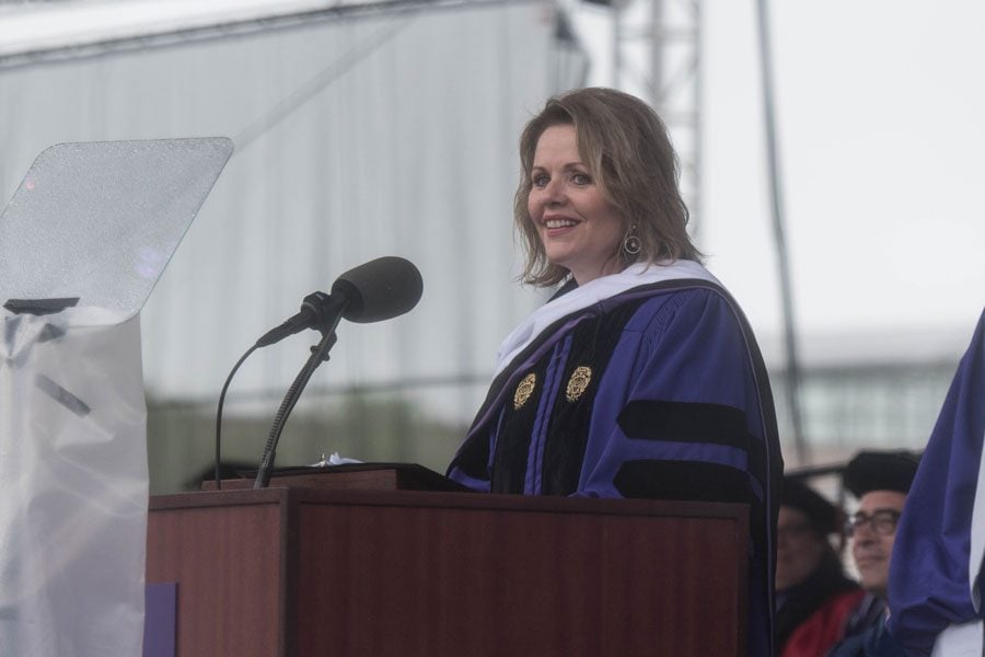 Opera singer Renée Fleming addresses graduates and their families at the 2018 commencement ceremony. Fleming urged students to develop and use their voices. 