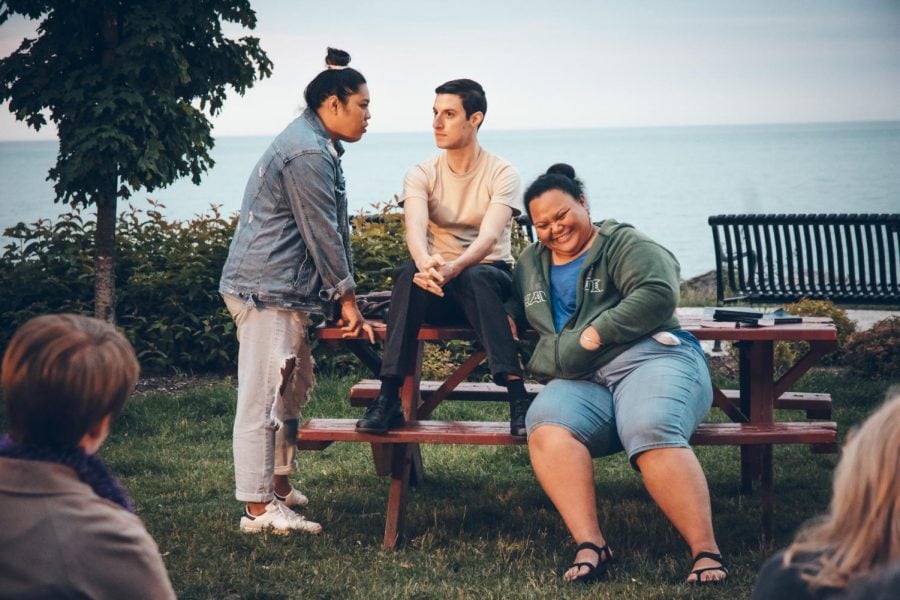 The cast of “Not One Batu” rehearses outside the Berger Park Cultural Center Coach House in Chicago. Northwestern alumna Hannah Ii-Epstein wrote the play, which originally ran in her native Hawaii and made it’s mainland U.S. debut on June 27.