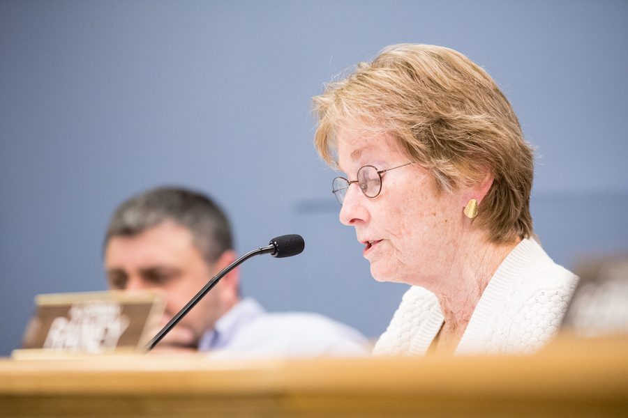Ald. Eleanor Revelle (7th) speaks during a City Council meeting. Revelle voted against a resolution to begin negotiations with the Evanston Lighthouse Dunes group for the demolition of Harley Clarke Mansion.