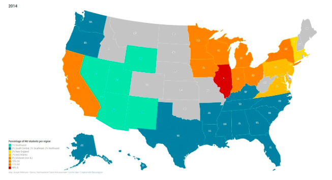 A 2014 map of Northwestern students per state. The state with the highest percentage of NU graduates is Illinois.
