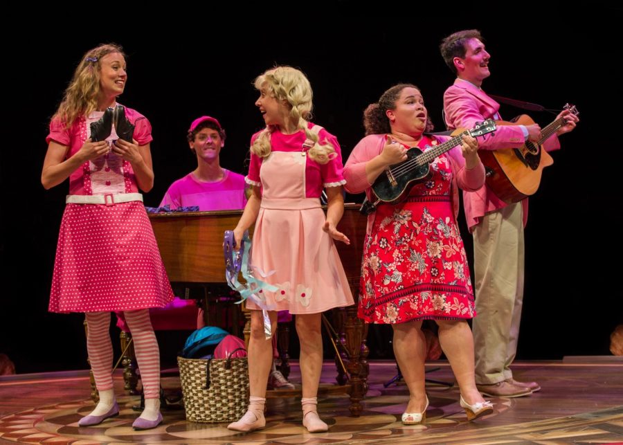 The “Pinkalicious” cast performs with various instruments. The kid-friendly musical will run at the Marriott Theatre through August 19.