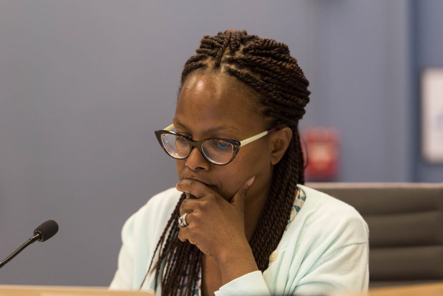 Ald. Cicely Fleming looks on during a Human Services Committee meeting. Fleming advocated for removing the city’s arrest records from the city website on a rolling 14-day period at Monday’s City Council meeting. 