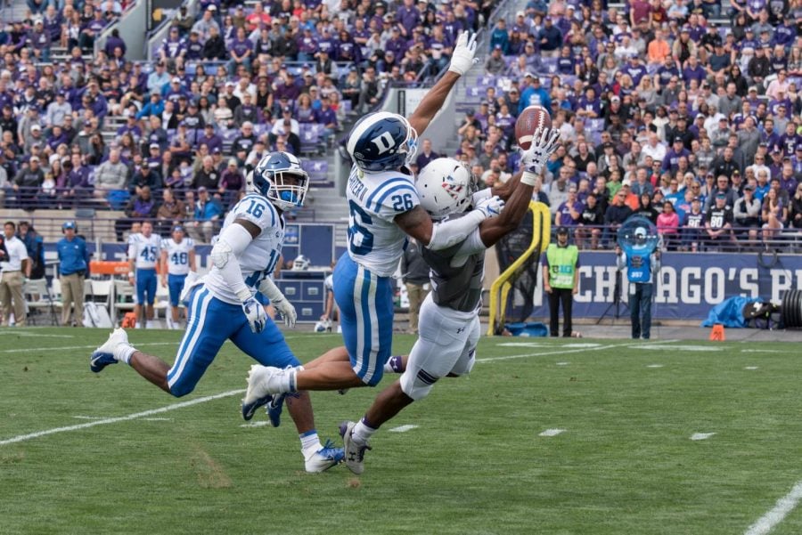 Northwestern freshman receiver JJ Jefferson leaps for a pass that ended up falling incomplete. The Wildcats scored zero points after their opening drive Saturday.