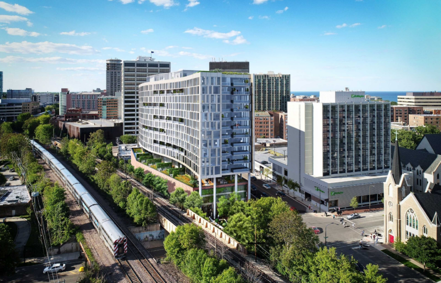 (Source: Albion Residential) An artist rendering of the proposed 16-story building on Sherman Avenue.