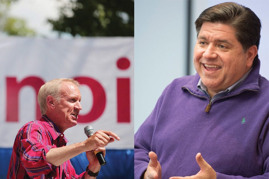 Left: Gov. Bruce Rauner speaks at the Illinois State Fair in Springfield in August 2016. A recent NBC News/Marist Poll reported Rauner is trailing behind his Democratic challenger J.B. Pritzker by 17 points. 
Right: J.B. Pritzker speaks at an event. Since 2016, Pritzker spent more than $146.5 million on his campaign, nearly doubling Republican incumbent Bruce Rauner’s $84.8 million in expenses.
