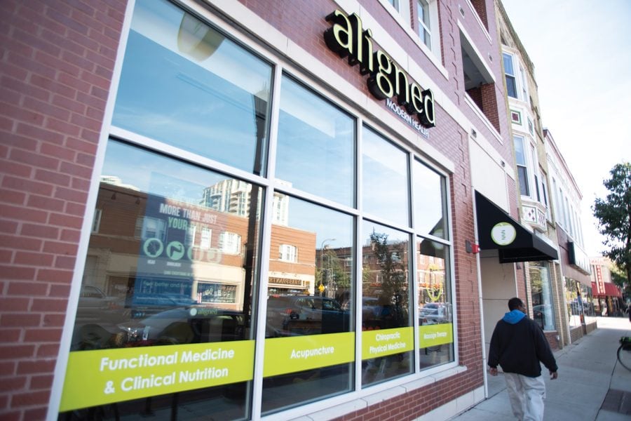 Aligned Modern Health at 910 Davis St. The clinic combines chiropractic physical medicine, acupuncture, functional medicine and clinical nutrition to promote holistic wellness. 