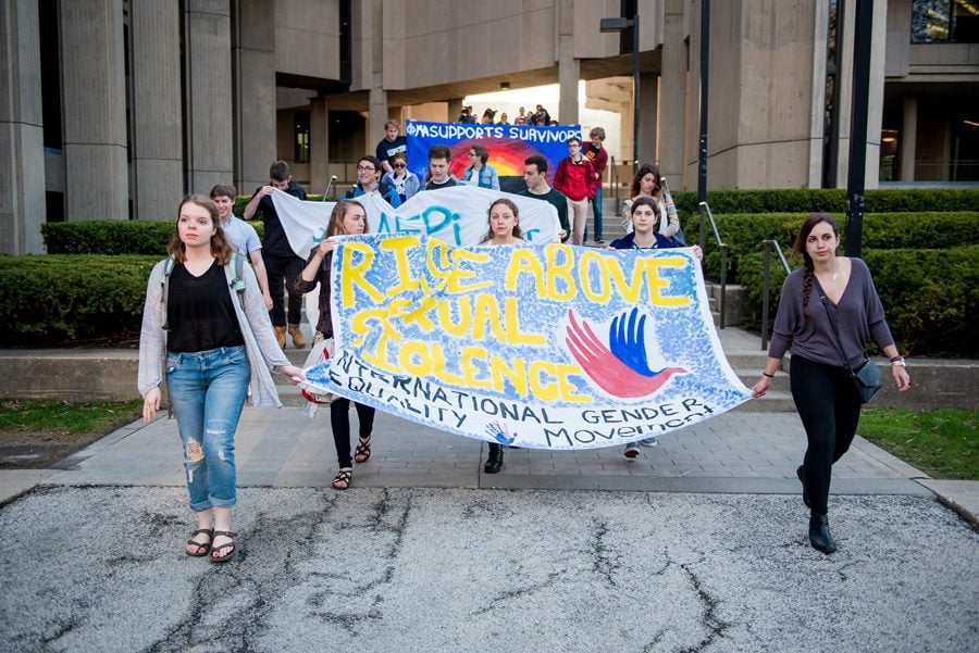 Student protesters during the 2016 Take Back the Night annual march. The University has initiated new proactive measures to combat sexual violence as the issues becomes increasingly important for students. 