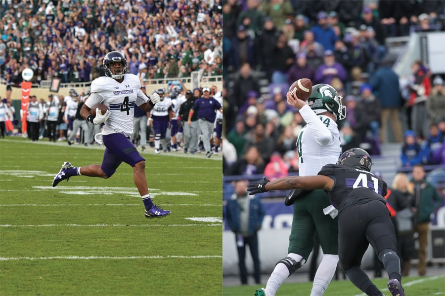 Left%3A+Solomon+Vault+returns+a+kickoff+for+a+touchdown+in+Northwestern%E2%80%99s+2016+win+over+Michigan+State.+Right%3A+Safety+Jared+McGee+hits+Spartans+quarterback+Brian+Lewerke+in+Northwestern%E2%80%99s+2017+win.