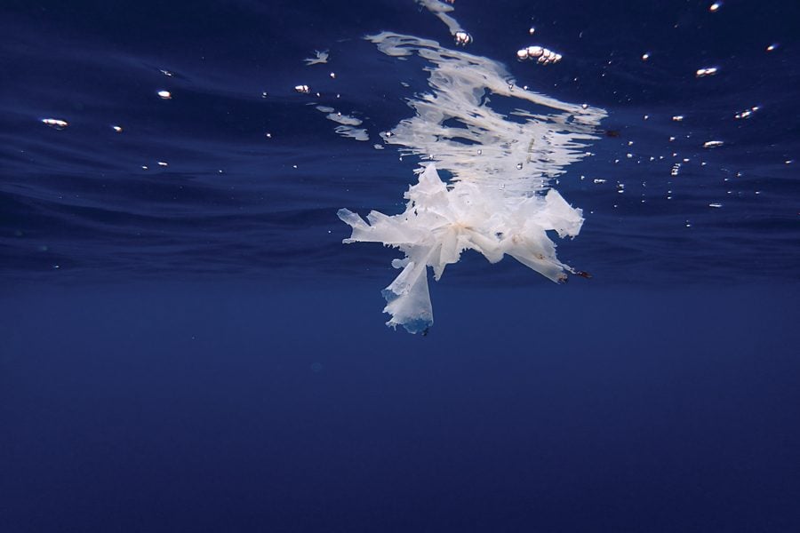 A plastic bag floats below the surface at Manta Point, off the coast of Bali. Plastics large and small are beginning to clog Indonesia’s crucial current passages, spelling trouble for marine life.