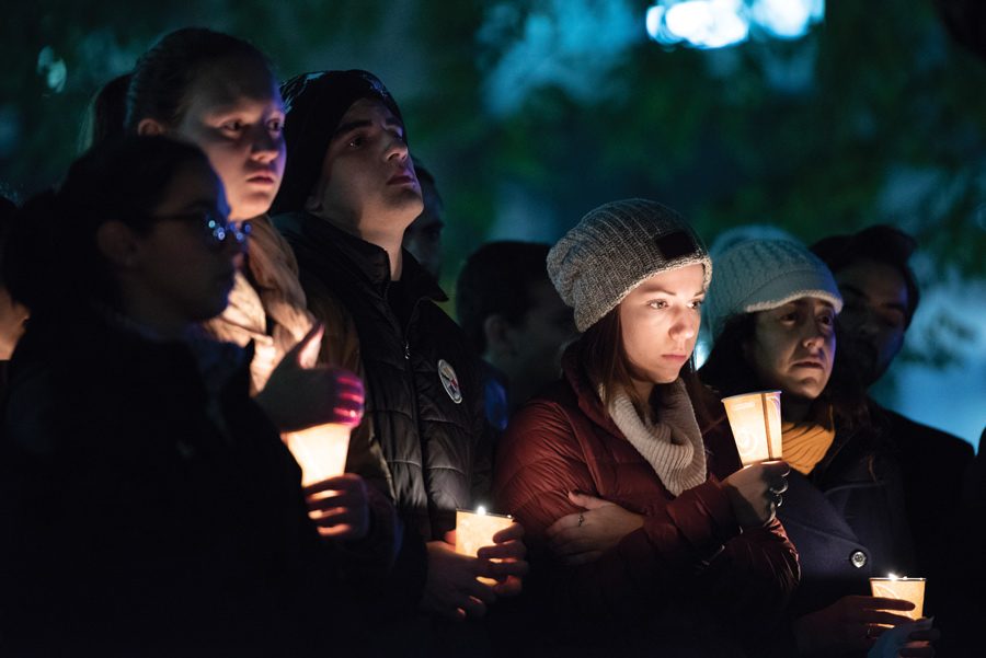 Students and residents gather at The Rock. Hundreds of students with different religious faiths came together the mourn the loss of 11 lives in the Pittsburgh synagogue shooting.