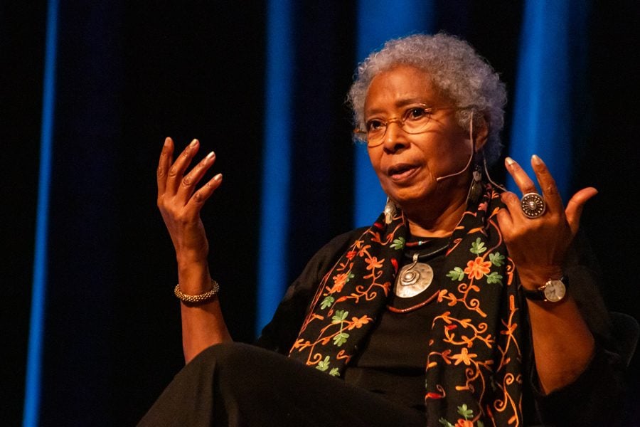 Alice Walker addresses students and Chicago locals at a Chicago Humanities Festival event. Walker said destruction is compounded by partisan noise and mass media portrayals of outspoken individuals. 