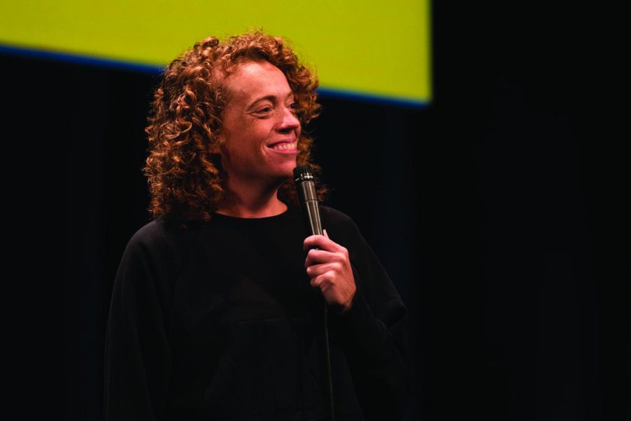 Michelle Wolf during her set at Cahn Auditorium. Wolf spoke about feminism and a variety of women’s issues. 