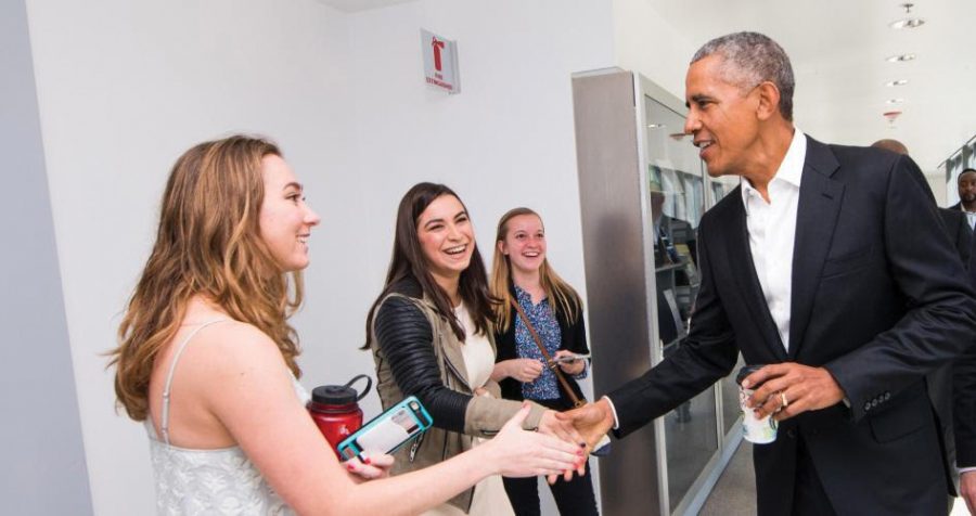Members of the Advocacy Corps meet former president Barack Obama in spring 2017. The Advocacy Corps presents students with the opportunity to meet local and national advocates.