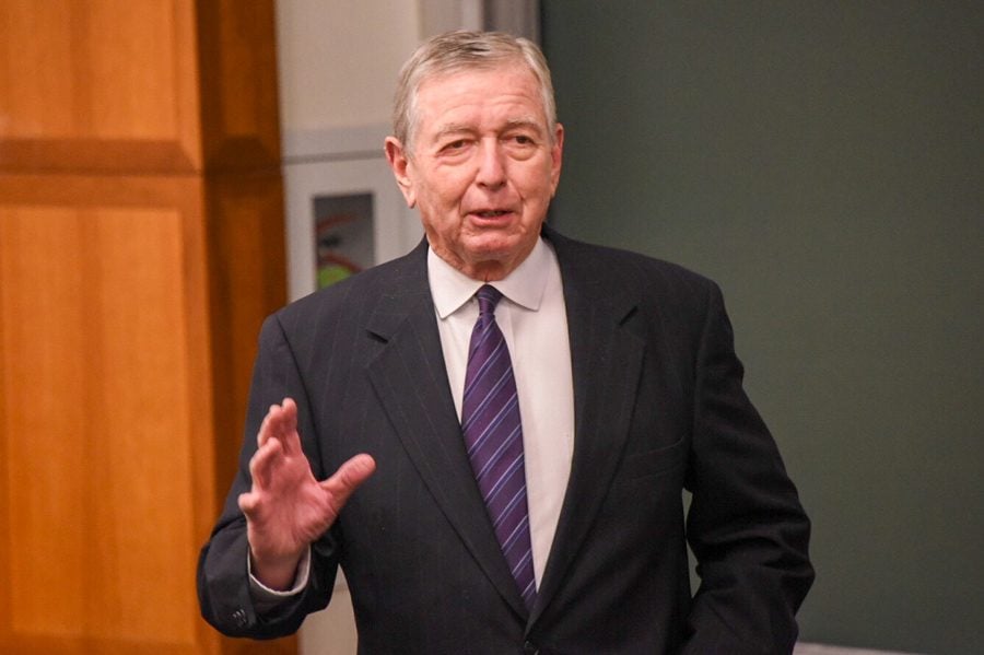 Former U.S Attorney General John Ashcroft speaks at College Republicans’ event. Ashcroft spoke of the difficulty balancing liberty and security in the modern age.   