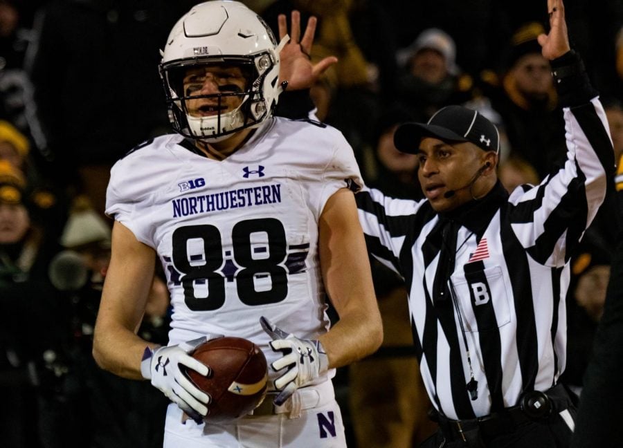 Ben Skowronek celebrates after a touchdown catch. The touchdown proved to be the defining moment in Northwesterns win at Iowa.