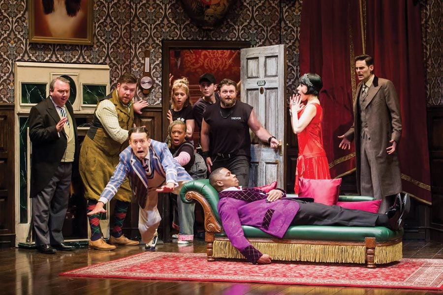 Actors perform in “The Play That Goes Wrong.” Alums Jacqueline Jarrold and Ned Noyes are both starring in the national tour, which will be heading to Chicago’s Oriental Theatre from December 4 to December 16.