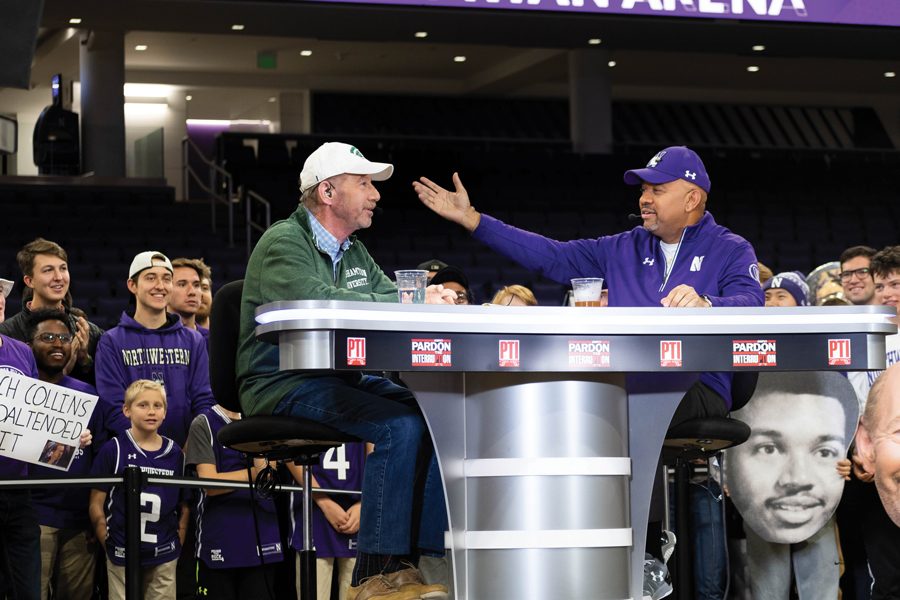Michael Wilbon and Tony Kornheiser banter in front of a group of Northwestern students. PTI’s Welsh-Ryan broadcast — among other recent opportunities — have bolstered Northwestern’s prospects for future appearances on ESPN.