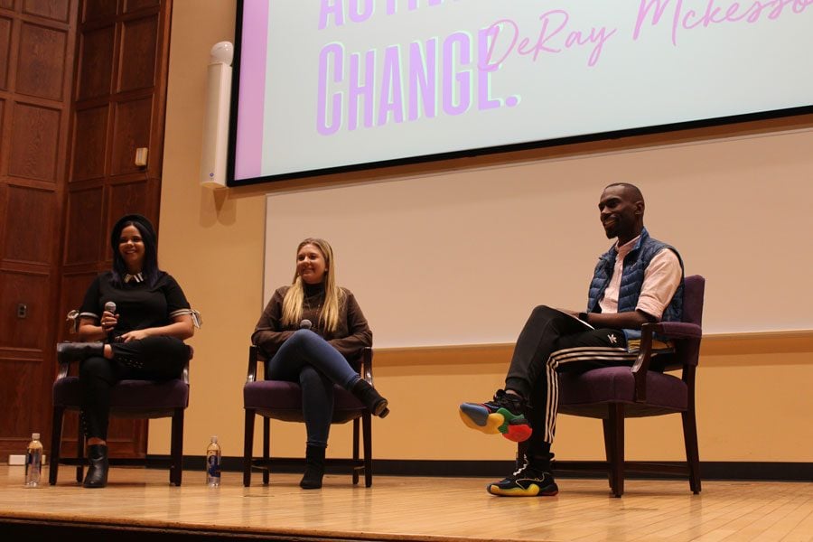 Marjory Stoneman Douglas High School students Samantha Fuentes and Jaclyn Corin shared stories about advocating for gun violence prevention since the mass shooting in Parkland, Florida with fellow activist DeRay McKesson.
