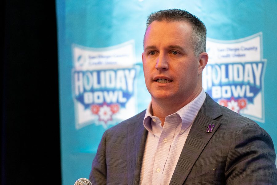 Pat Fitzgerald speaks to the media on Sunday, one day ahead of the Holiday Bowl.