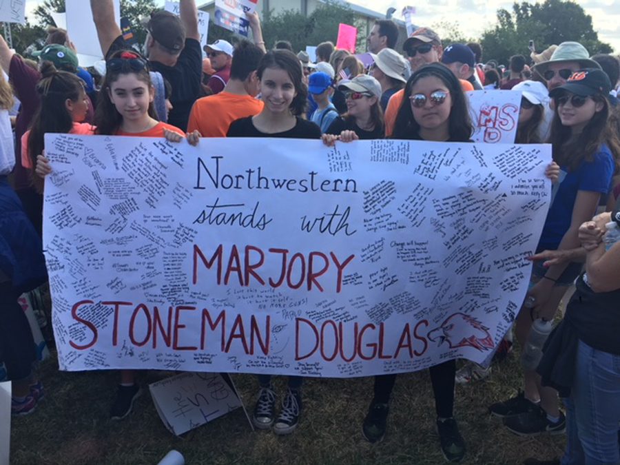 Northwestern students Farrah Sklar (left), Maddie Gaines (center) and Valen-Marie Santos, who helped organize Northwestern Stands With Marjory Stoneman Douglas, attend the March for our Lives event in Parkland, Florida. Two Parkland activists, David Hogg and Samantha Fuentes