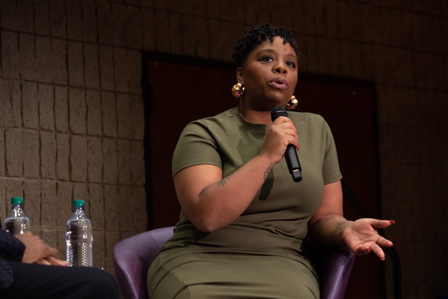 Patrisse+Cullors+speaks+at+an+event+in+Norris+University+Center+on+Thursday.+The+Black+Lives+Matter+co-founder+discussed+her+first+book+%E2%80%9CWhen+They+Call+You+a+Terrorist%3A+A+Black+Lives+Matter+Memoir.%E2%80%9D